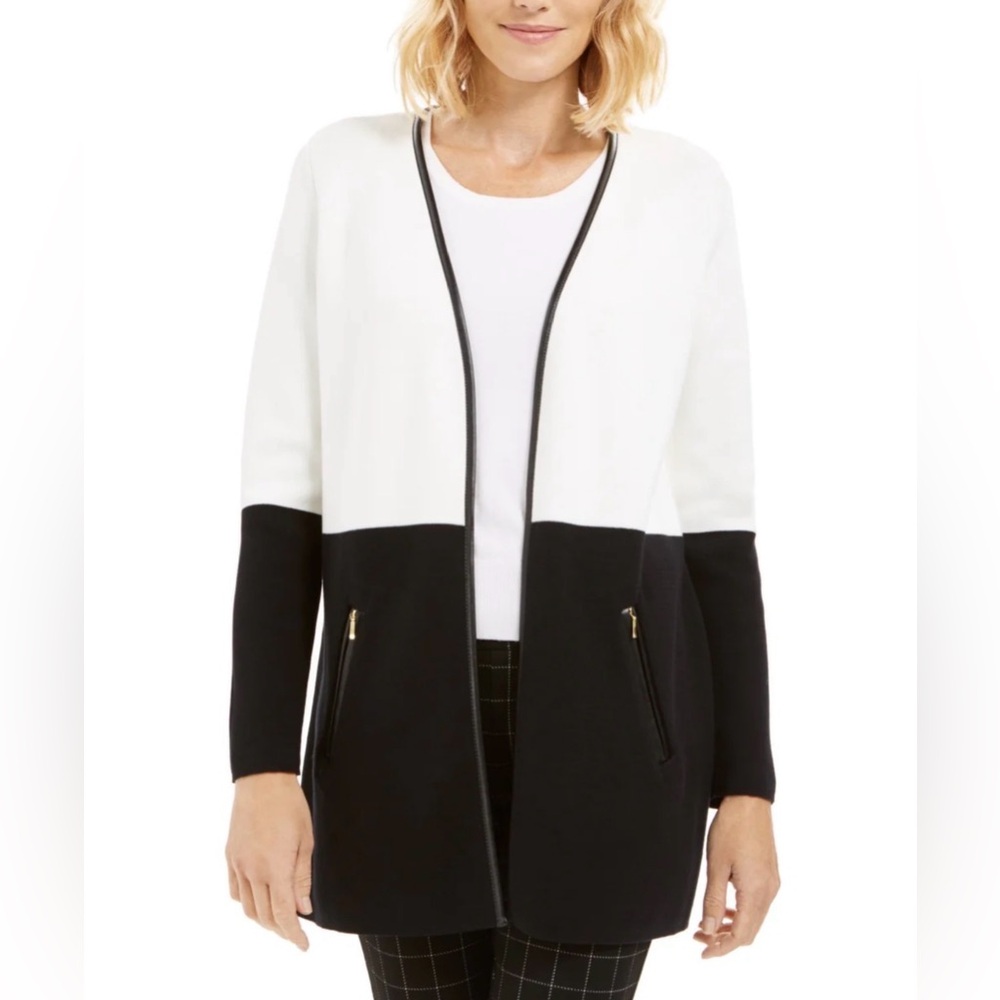 Charter Club Faux-Leather Trim Color-block Coatigan With an Open Front